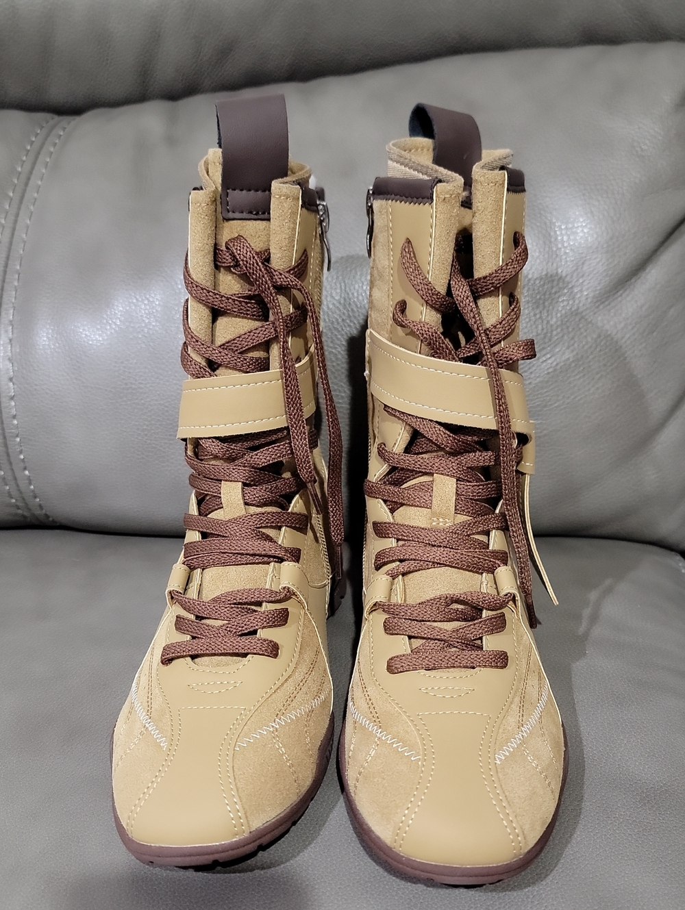 Women's Tan High-Top Lace-Up Boots with Brown Accents